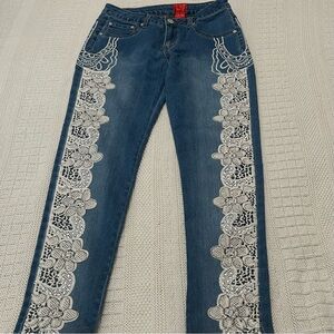 Vintage Y2K Women's Christina Blue Flare Jeans w/Embellished Stitched Lace Sz:4